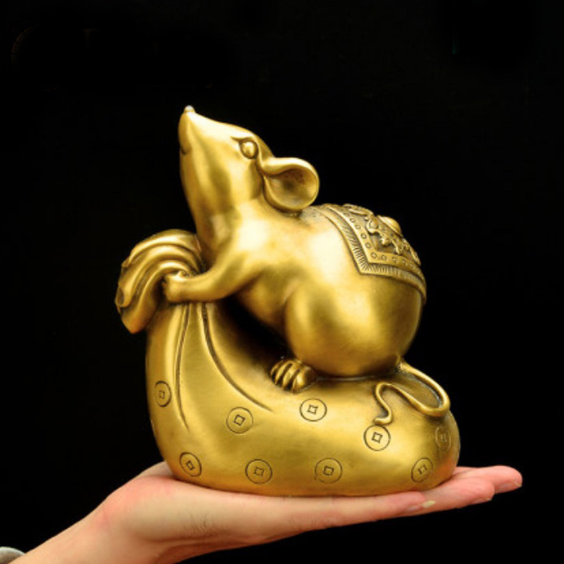 Tượng con chuột cưỡi bao tiền bằng đồng thau cỡ đại phong thủy Hồng Thắng