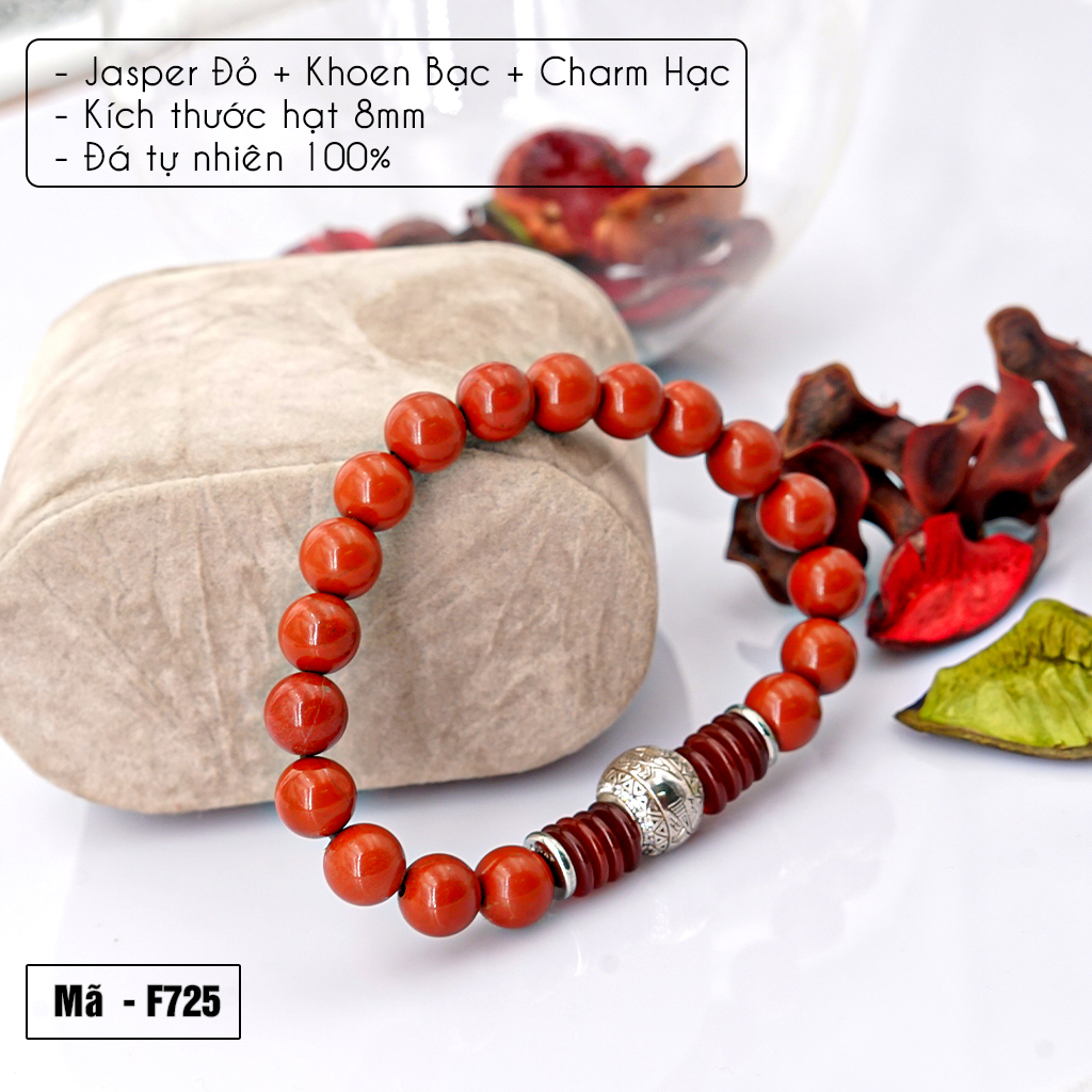 Vòng tay phong thủy Jasper đỏ 8mm + khoen bạc + Charm