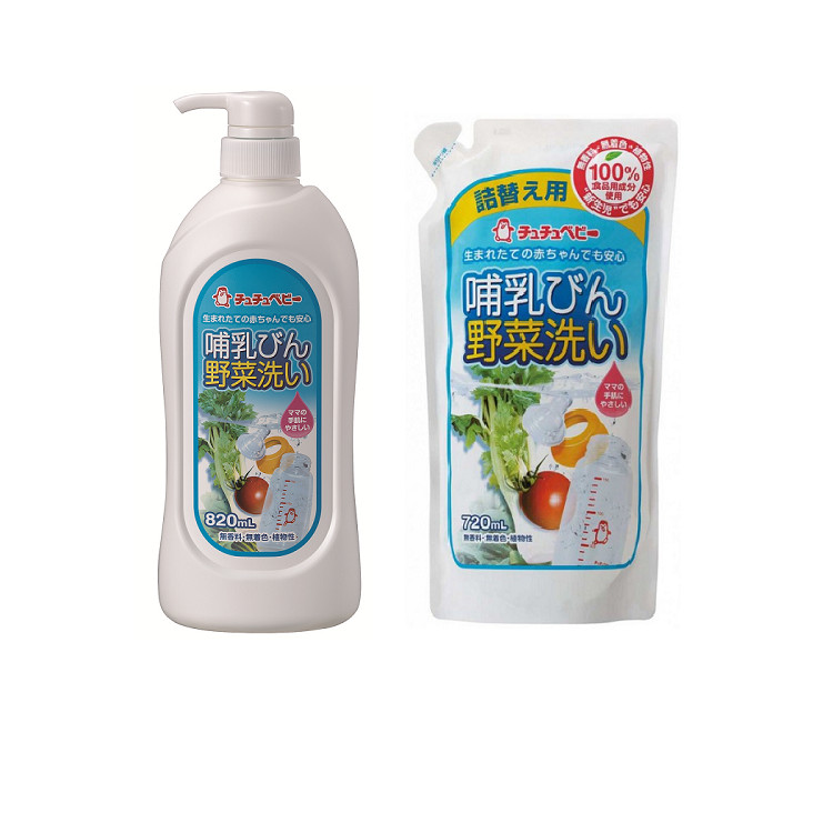 Combo nước rửa bình sữa và rau củ quả Chuchu Baby : chai 820ml + túi 720ml