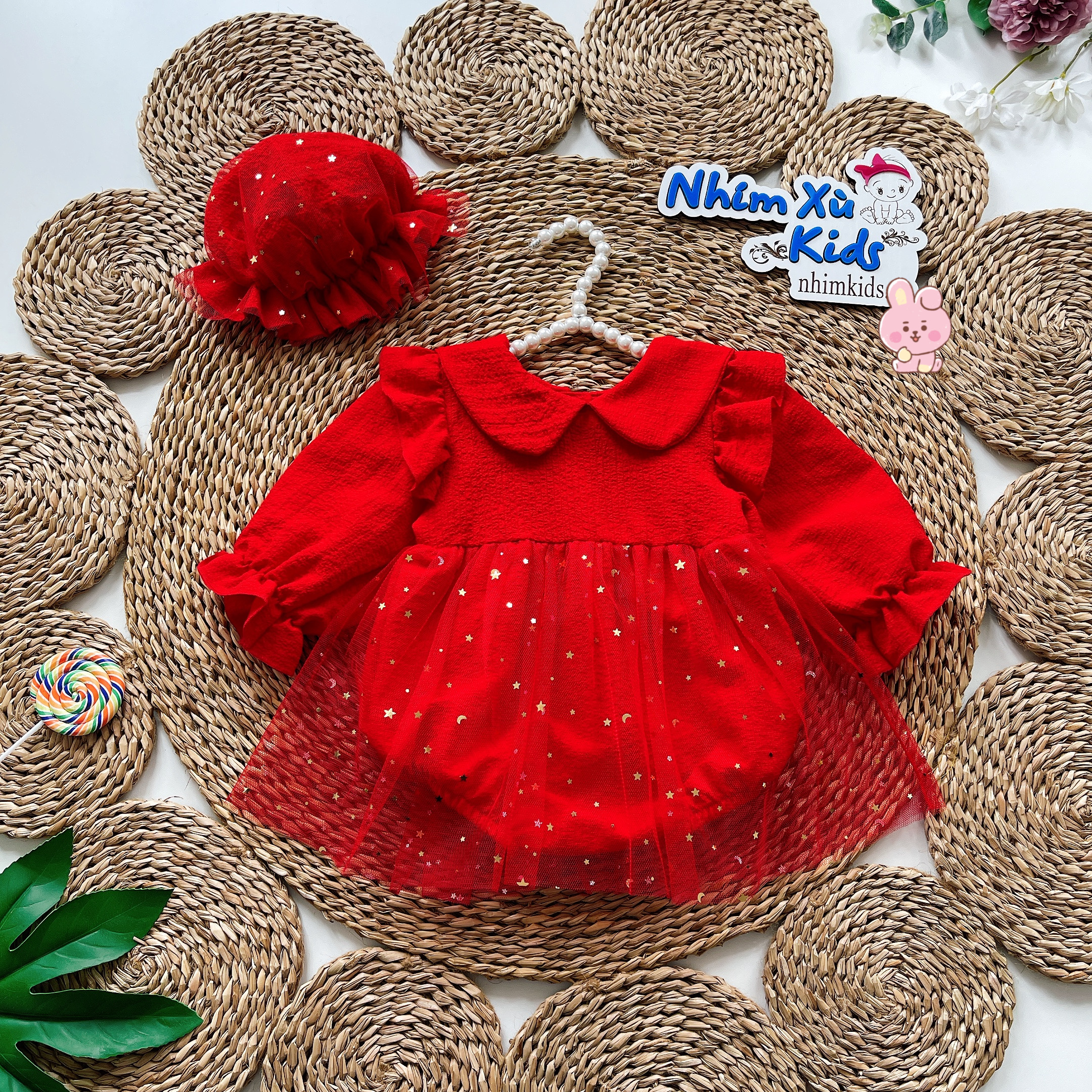 Body Váy Đỏ Nhũ Bé Gái 3 - 12kg Chất Cotton Xốp Hạt Phối Lưới Nhũ Mềm [B032