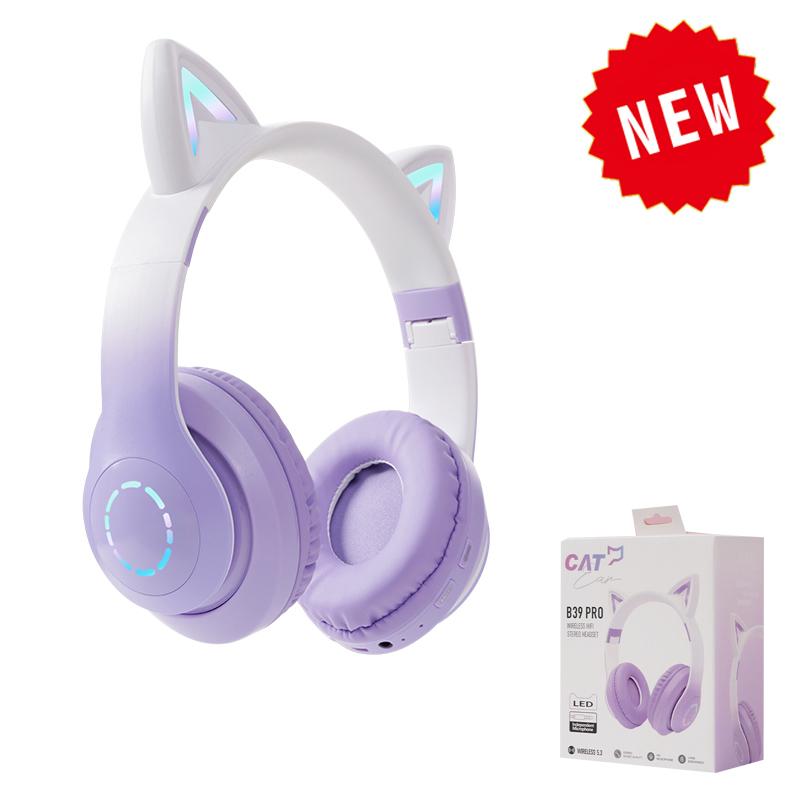 Tai nghe không dây Bluetooth Cat Ear Glow Light Stereo Mũ bảo hiểm Bass Trẻ em Girl Quà tặng PC Điện thoại Điện thoại Tai nghe Màu sắc: B39B Pro Purple
