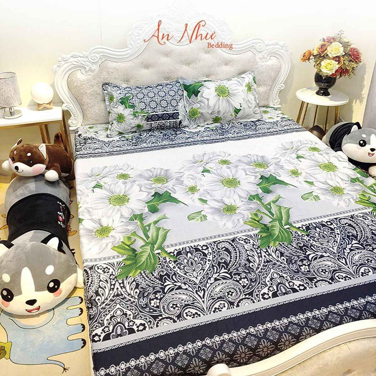 Bộ 5 món chăn ga vỏ gối Cotton Poly Hoa Đá 3D - Tặng 10 chiếc chun