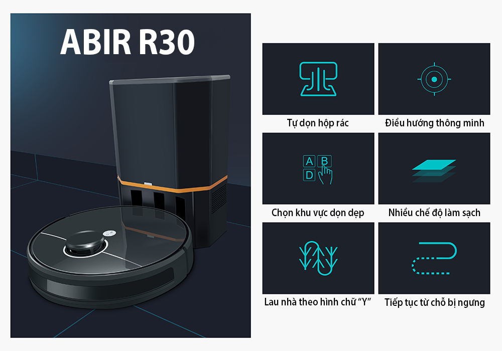 Robot hút bụi lau nhà ABIR R30 Tự dọn hộp rác Lau hút đồng thời Hàng Chính Hãng