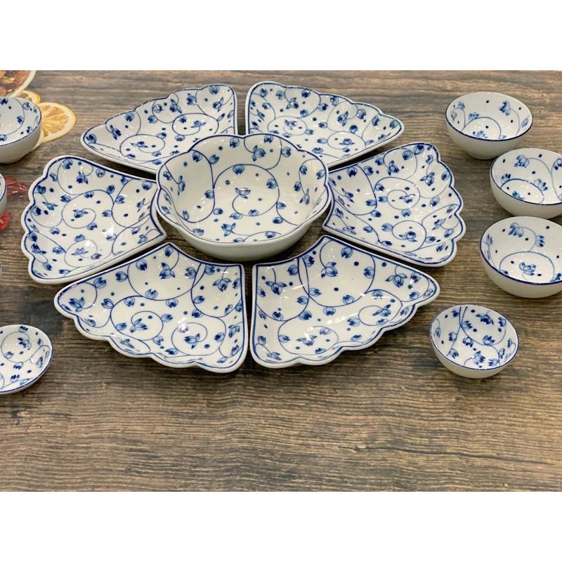 Set hoa mặt trời 15 món men lam, hoạ tiết hoa Sen dây- Phù dung me vẽ thủ công. Gốm sứ Bát Tràng.