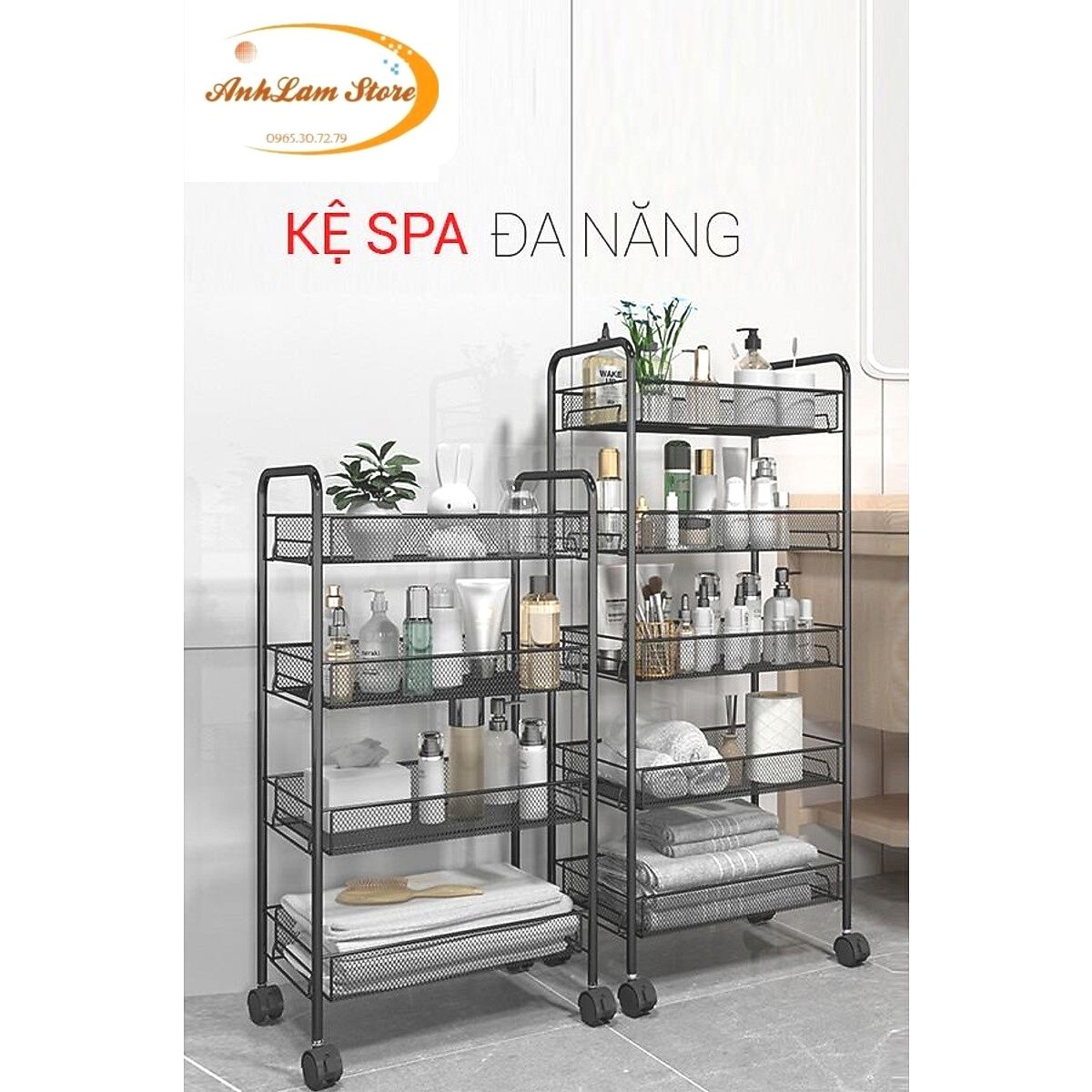 Kệ đa năng 3 tầng để đồ bằng sắt, Kệ để đồ bỉm sữa, xe đẩy Spa, kệ spa có bánh xe di động mẫu không gấp gọn