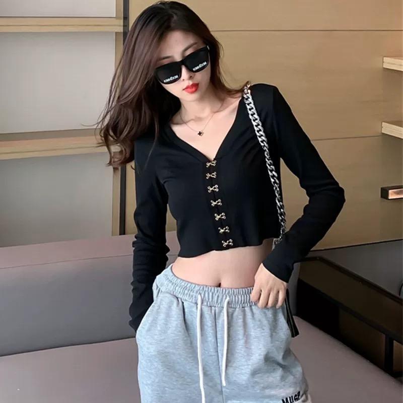 MS798 Áo len nữ dài tay cúc cài croptop độc lạ cá tính