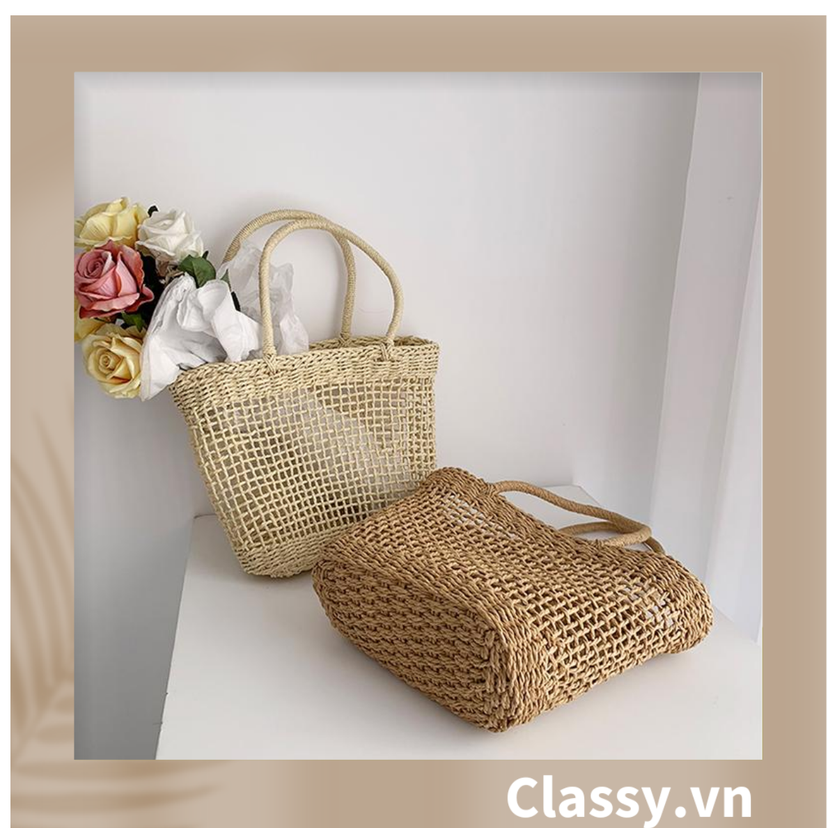 Túi cói Classy hình thang thời trang, thích hợp đi biển, đi dạo, đi chơi T1073
