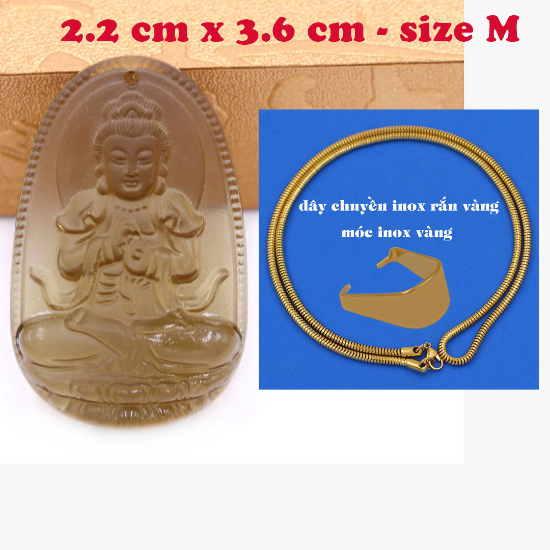 Mặt Phật Đại nhật như lai đá obsidian  3.6 cm kèm dây chuyền inox rắn vàng - mặt dây chuyền size M, Mặt Phật bản mệnh
