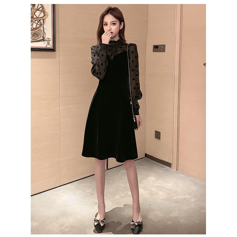 Váy cho con bú, chất liệu nhung phối tay sang chảnh