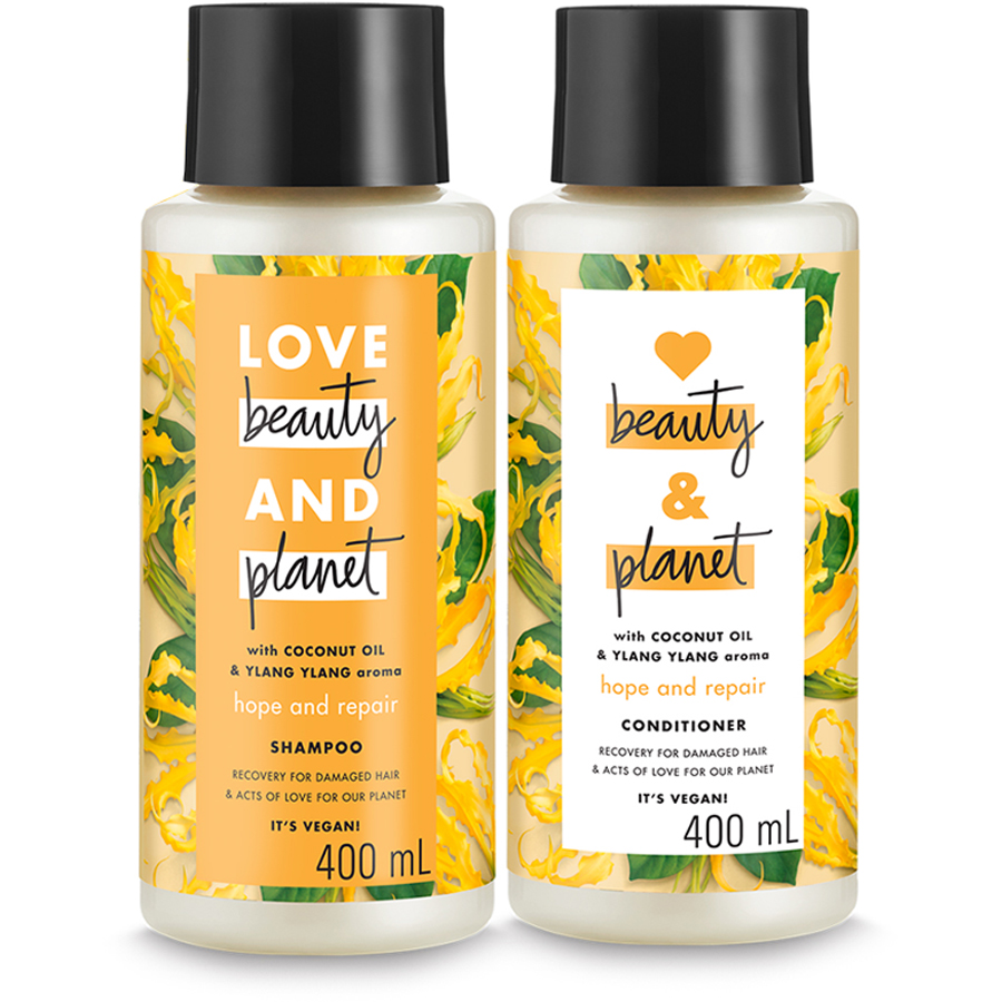 Combo Dầu Gội Dầu Xả Love Beauty &amp; Planet Phục Hồi Chẻ Ngọn Hope &amp; Repair 100% Dầu Dừa Organic Hương Ngọc Lan Tây 400ML