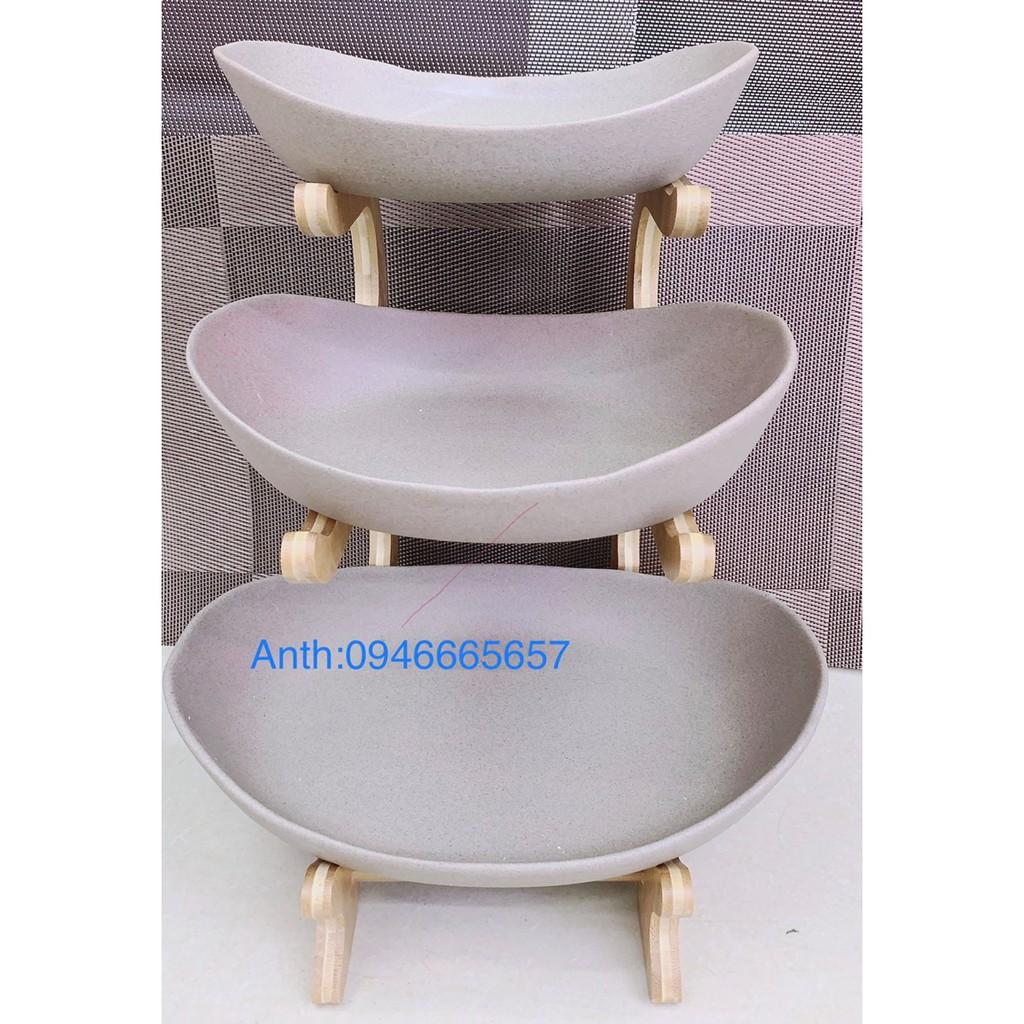 KHAY ĐỰNG BÁNH KẸO HOA QUẢ SỨ MÀU NÂU HÌNH BẦU DỤC GIÁ ĐỠ BẰNG GỖ 3 TẦNG