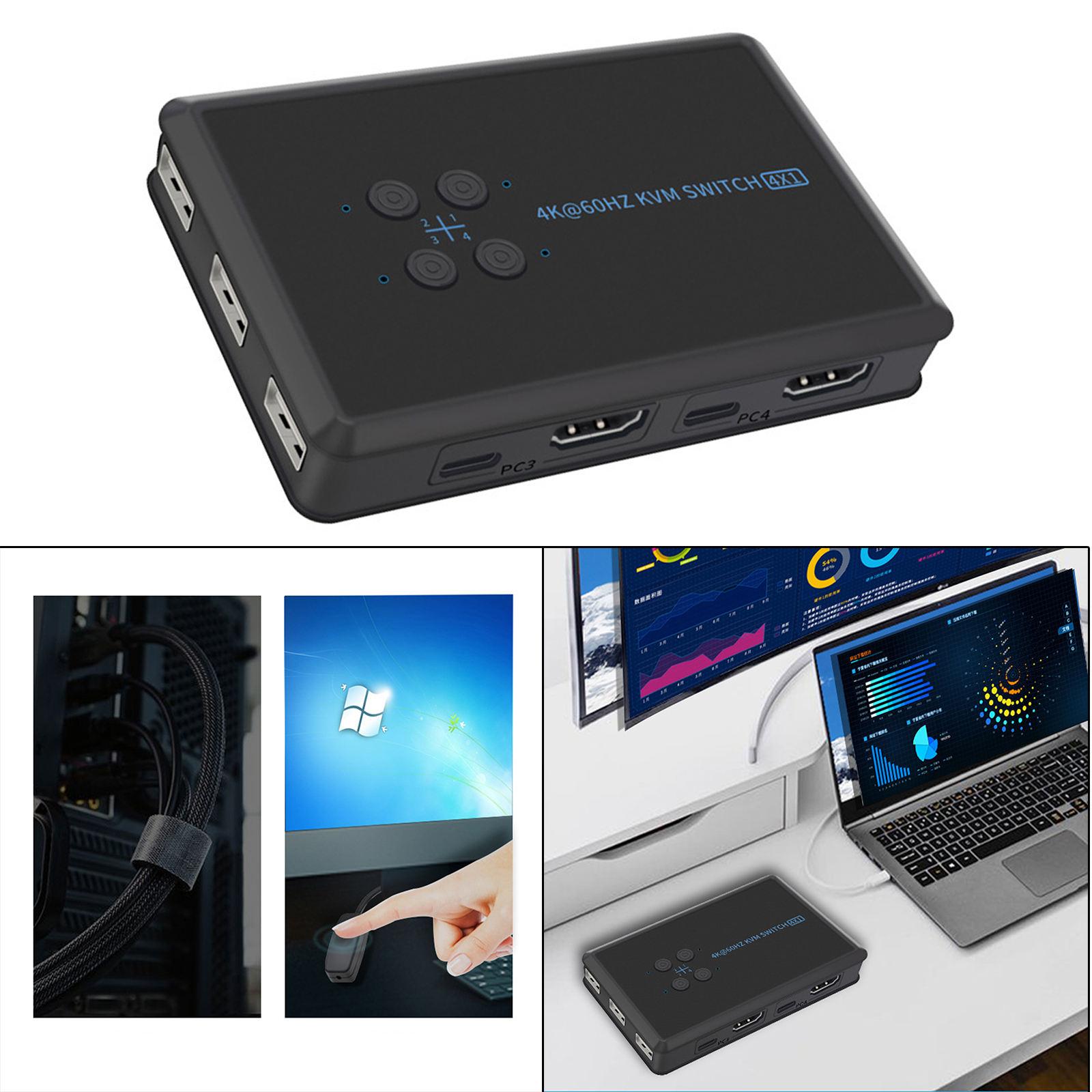 USB 2.0 KVM Switch 4 Port with USB Cable for Mouse Keyboard Monitor Sharing