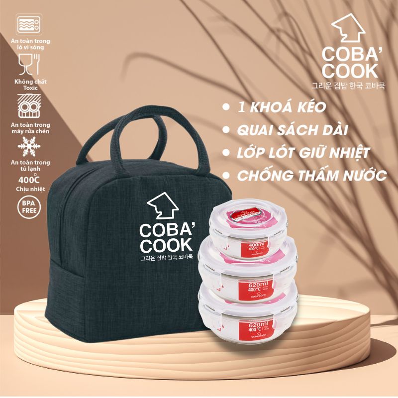 Bộ 3 Hộp Cơm Thủy Tinh COBACOOK 2 Hộp 640ml 1 Hộp 400ml Và Túi Giữ Nhiệt- CCR4R63BB