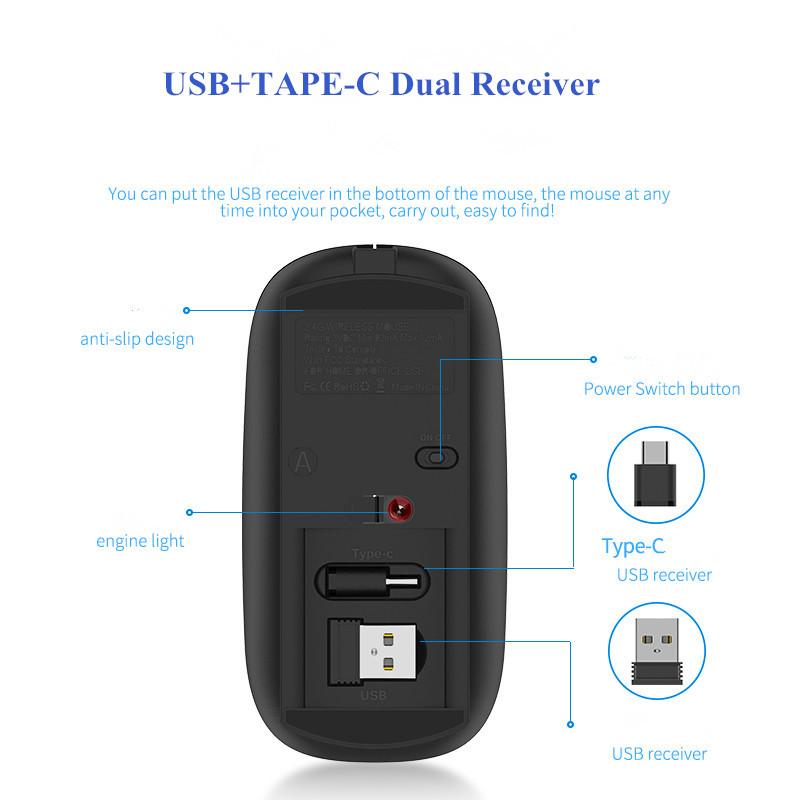 Chuột Không Dây 2.4G Im Lặng PC Mause Sạc Thiết Chuột USB +-C Kép Thu Chuột Quang Cho laptop