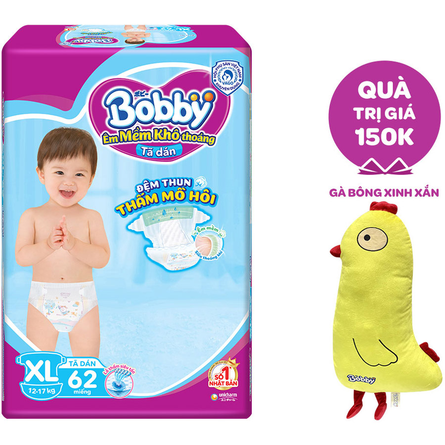 Tã Dán Bobby - Đệm Thun Thấm Mồ Hôi XL62 (62 Miếng) - Tặng 1 Gà Bông Xinh Xắn