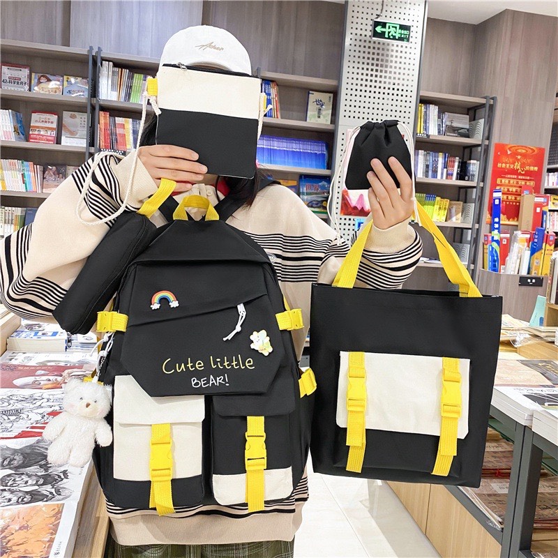 Set balo 4 món, Bao Thời Trang, Balo Chống Thấm Nam Nữ - Combo 4 Món Ulzzang Đi Học Cute Liitle