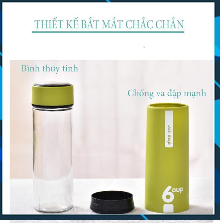 BÌNH ĐỰNG NƯỚC LÕI THỦY TINH BỌC NHỰA CHỐNG TRƠN TRƯỢT VA ĐẬP 6OUP 450ML CÓ 4 MÀU