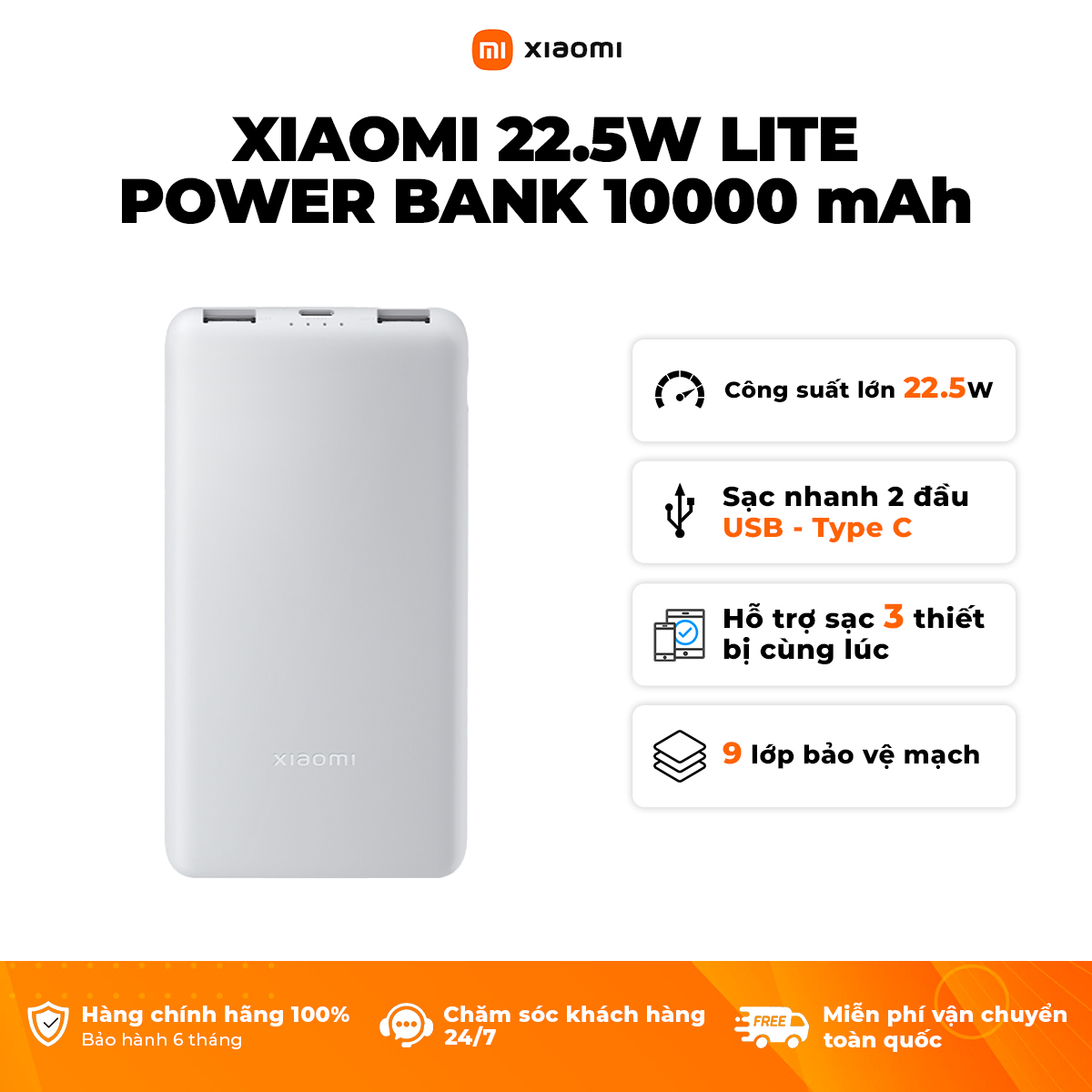 Sạc Dự Phòng Xiaomi Power Bank 10000mAh 22.5W Lite TH | Sạc Nhanh | Sạc Cùng Lúc Nhiều Thiết Bị | Bảo Hành 12 Tháng | Hàng Chính Hãng