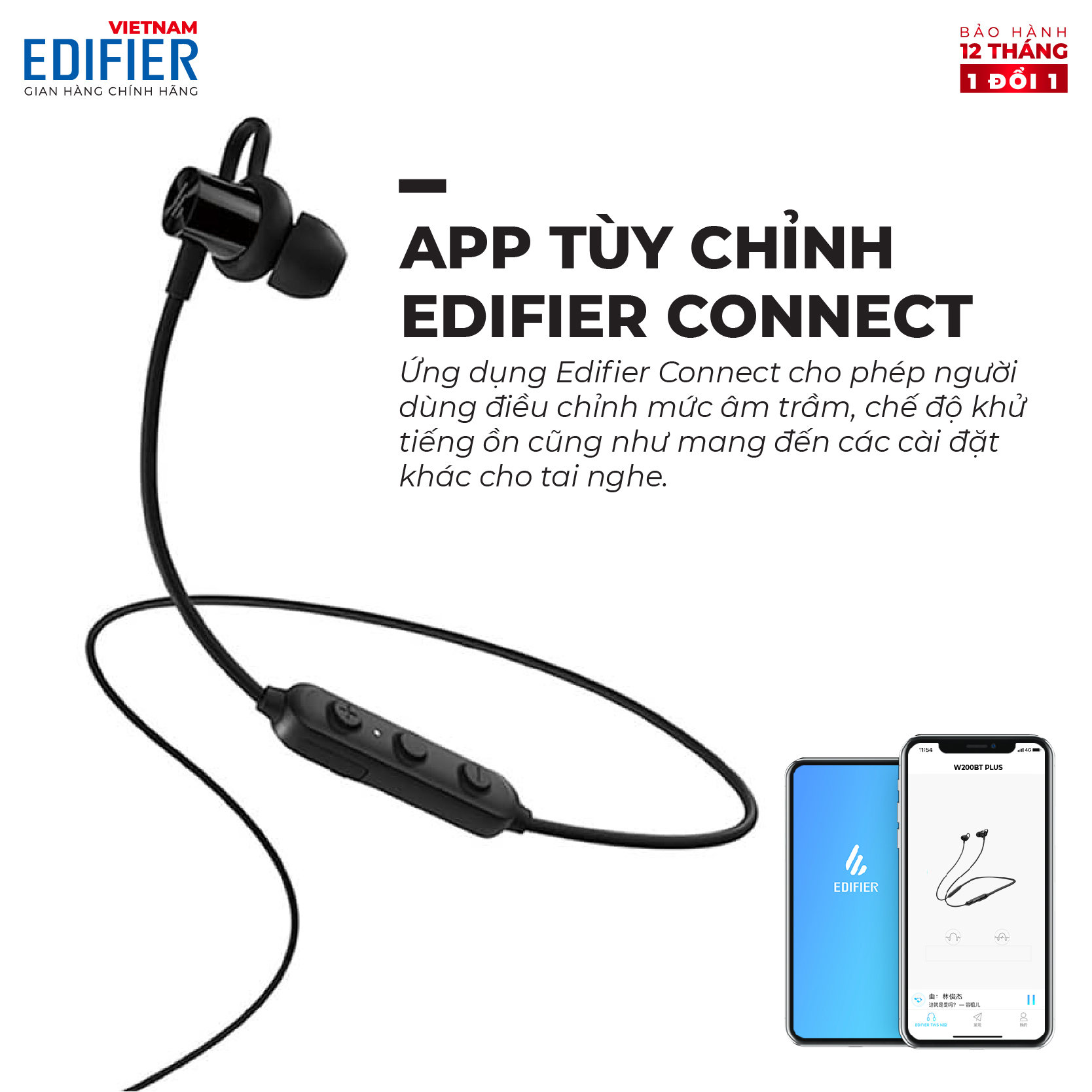 Tai nghe Bluetooth 5.1 EDIFIER W200BT Plus Âm thanh Stereo Chống nước IPX5 - Hàng chính hãng