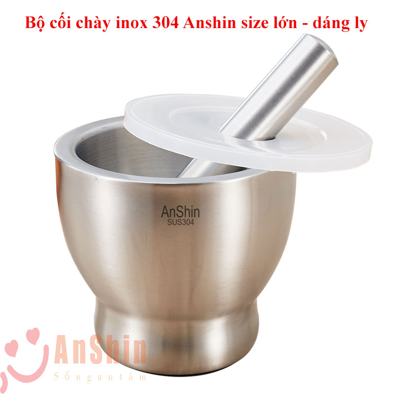 Cối chày Inox 304 Anshin - dáng ly đường kính 13, 15cm