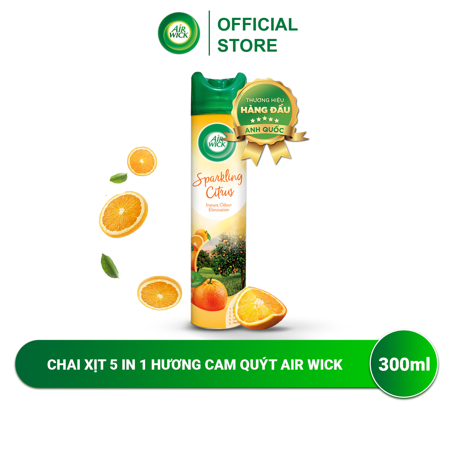 Chai xịt thơm phòng hương cam quýt AIRWICK hương thanh mát, vòi xịt thông minh giúp tỏa hương dễ dàng 300ml