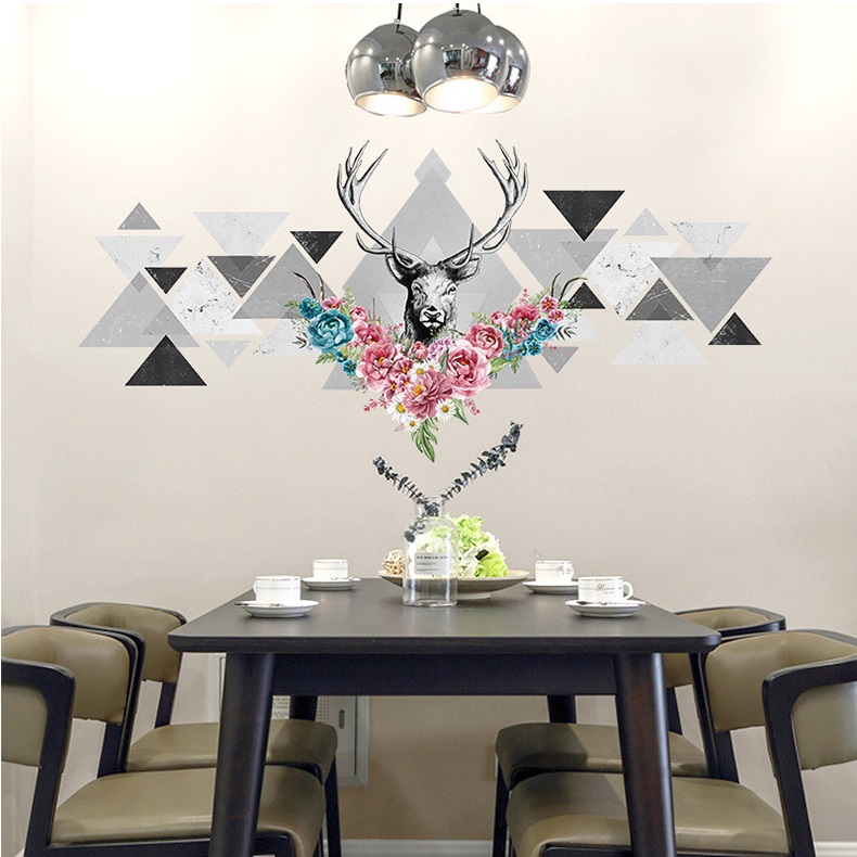 Decal dán tường phòng khách 3D Sừng nai trắng đen - decan cao cấp có keo sẵn tự dán tại nhà dễ dàng