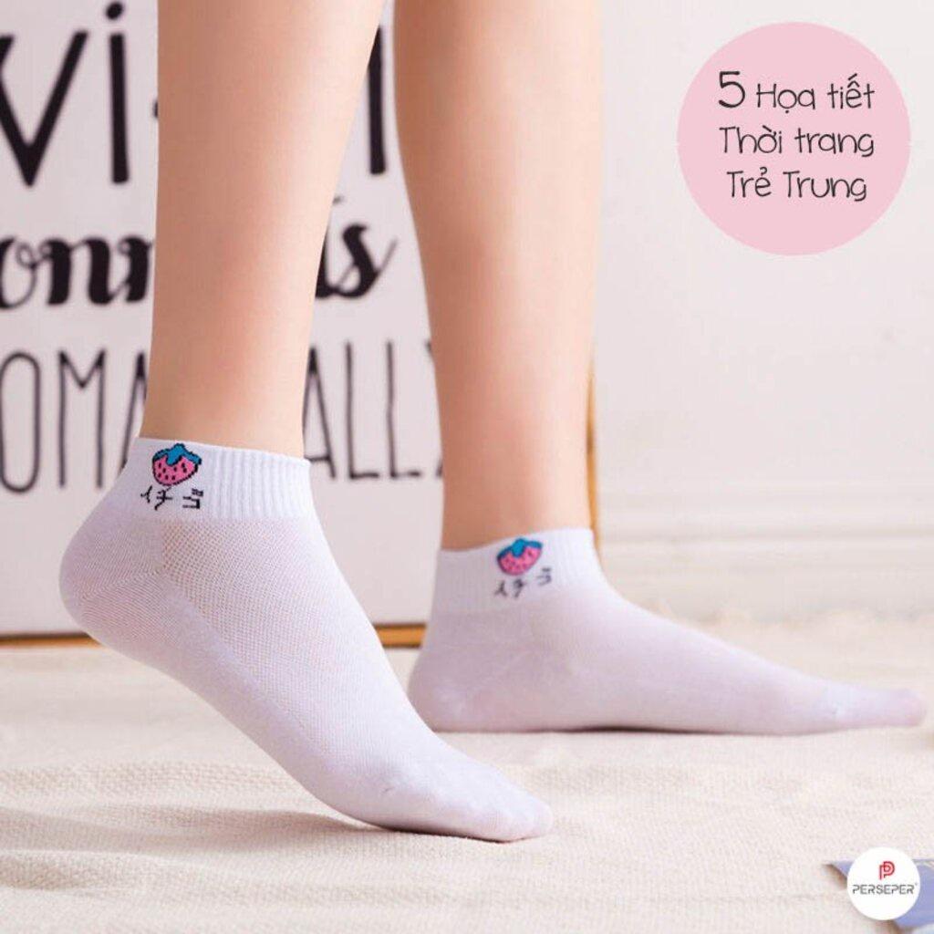 Vớ nữ trăng cổ ngắn họa tiết ngộ nghĩ, sét tất nữ cotton phong cách A18