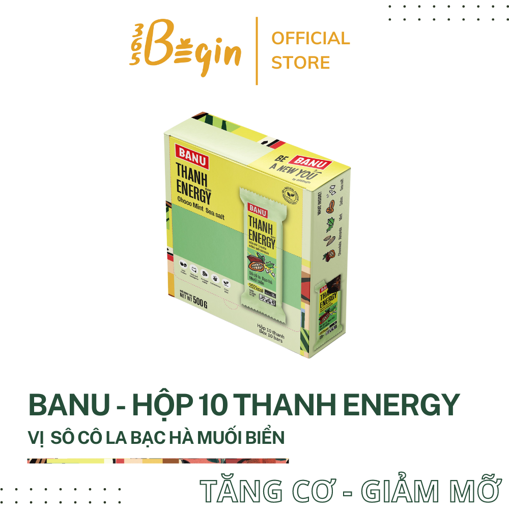 Hộp 10 Thanh Protein Bar 365Begin - BANU Chocolate Bạc Hà Muối Biển – Thanh Năng Lượng Thay Thế Bữa ăn Tiện lợi Lành mạnh Dành Cho Người Bận Rộn Tập Luyện Thể Thao