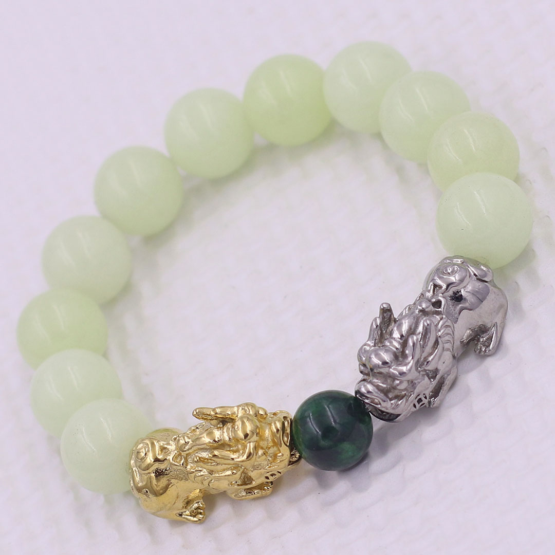 Vòng chuỗi đeo tay đá dạ quang 12 ly charm tỳ hưu đôi inox trắng và vàng, vòng chuỗi phong thủy, charm tỳ hưu, vòng tay hạt chuỗi