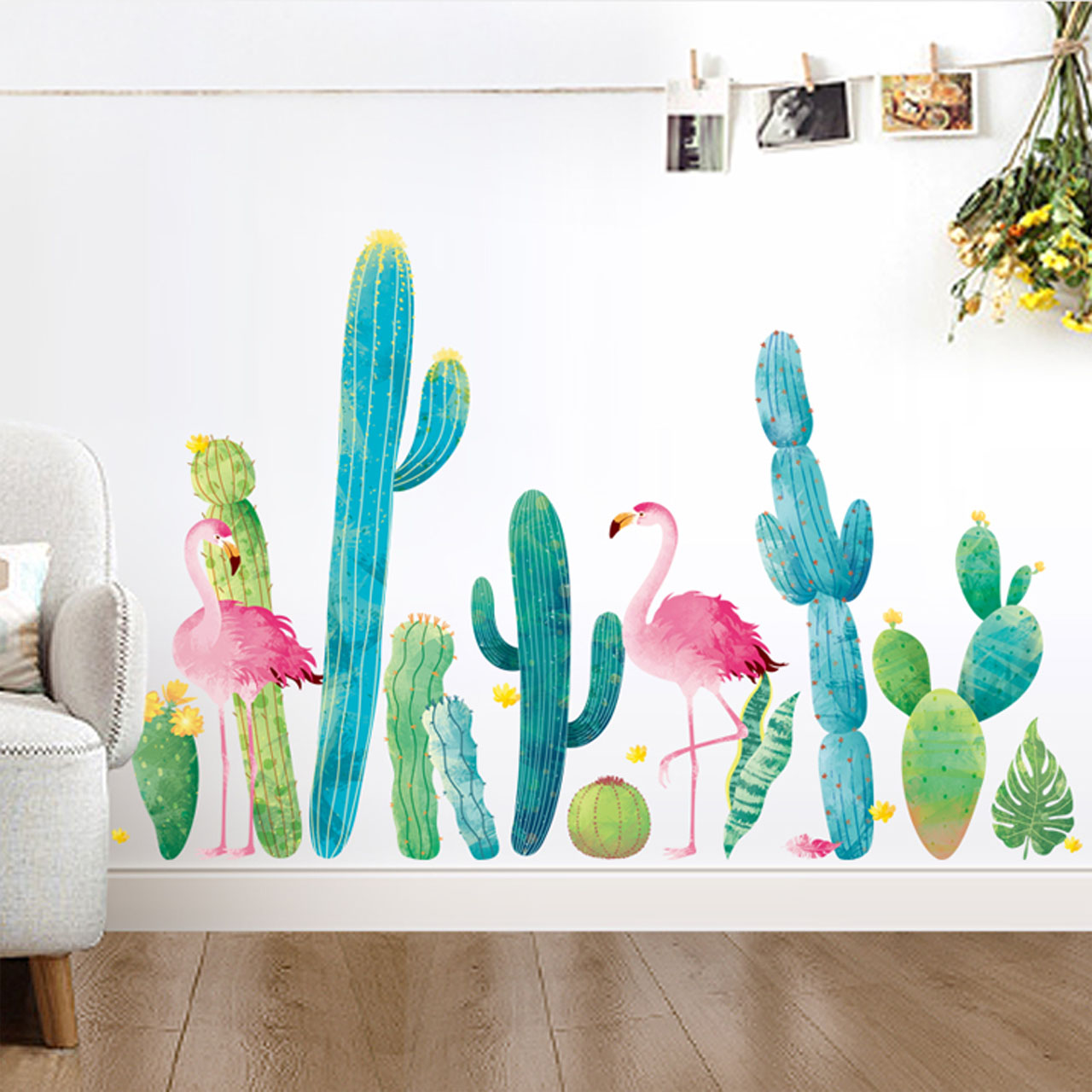 Decal dán tường trang trí quán cafe- Hạc hồng và xương rồng-