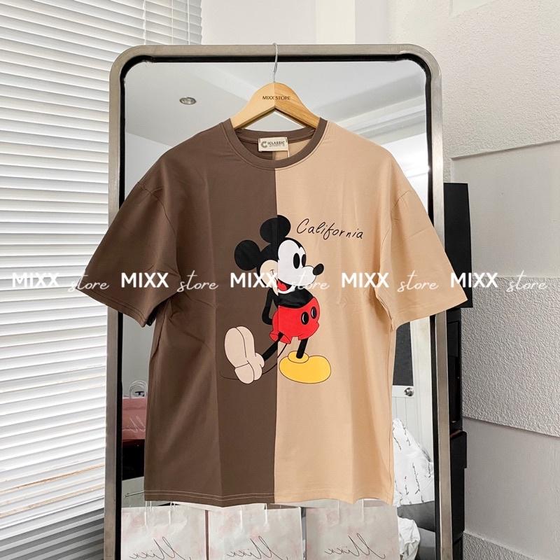 Áo Thun Nữ Mickey phối nâu siêu xinh chất xịn phom suông rộng thoải mái