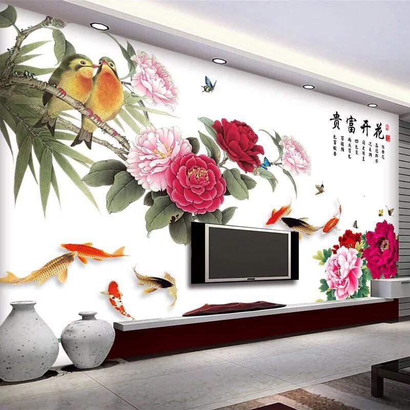 Decal dán tường Hoa mẫu đơn 3D SIÊU TO