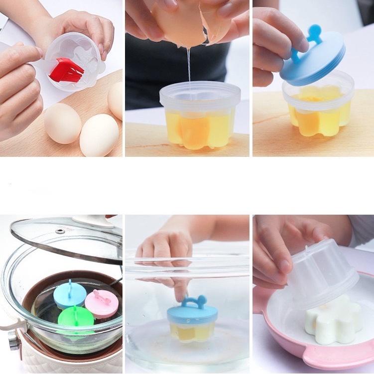 Bộ Khuôn hấp trứng, làm đậu hũ, làm bánh flan, pudding cho bé (4 khuôn tặng kèm chổi phết silicon