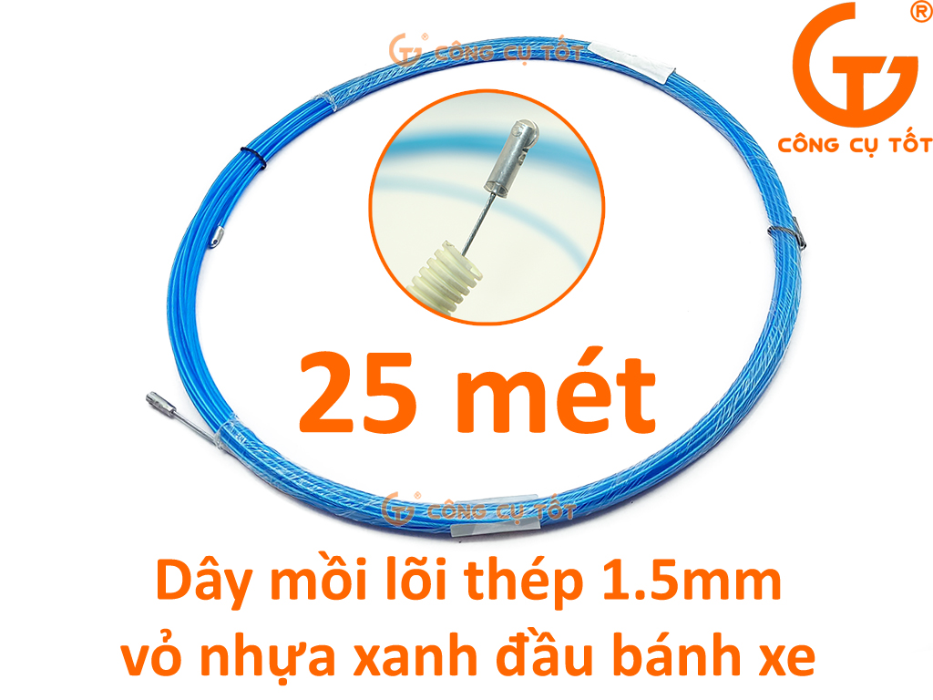 Dây mồi luồn ống lõi thép 1.2 ly vỏ xanh đầu bánh xe dài 25m