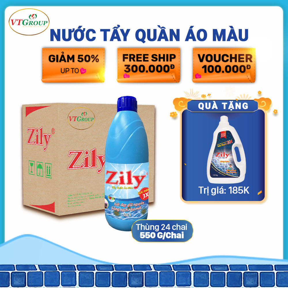 Nước Tẩy Quần Áo Màu Zily Chai 550g - ( Thùng 24 Chai ) - Tặng 1 Chai Nước Giặt KH 3.8Kg