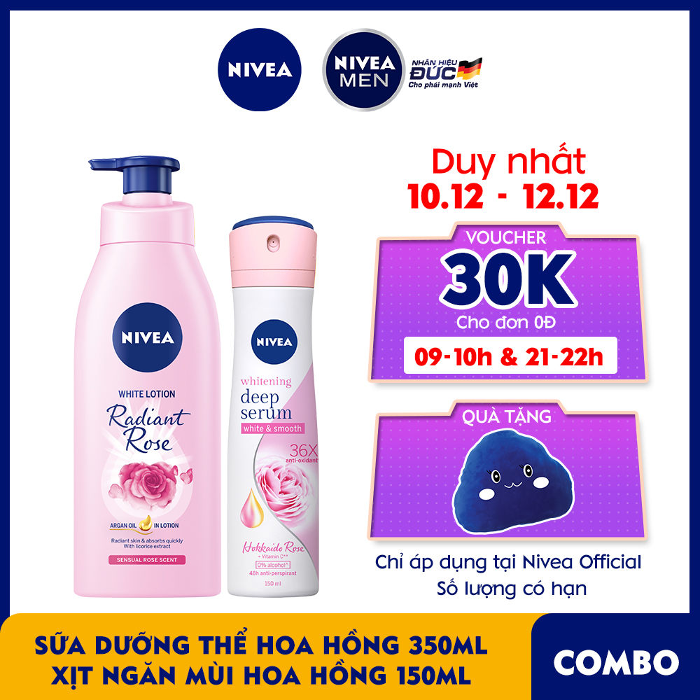 Bộ đôi Sữa Dưỡng Thể Dưỡng Trắng NIVEA Hương Hoa Hồng Radiant Rose (350ml) - 85707 &amp; Xịt Ngăn Mùi Nivea Serum Trắng Mịn Hương Hoa Hồng Hokkaido (150ml) 85304 (TẶNG GỐI BỌT BÔNG SIÊU MỀM MỊN)