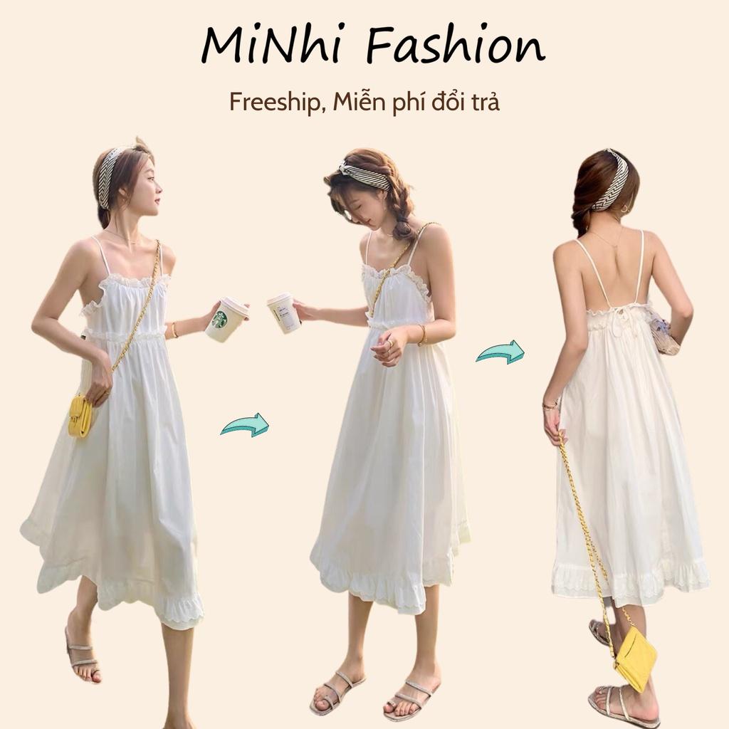 Đầm 2 dây hở lưng, Váy trắng maxi đi biển Cao Cấp phong cách Vintage thiết kế dáng xòe dài qua gối - MiNhi Fashion