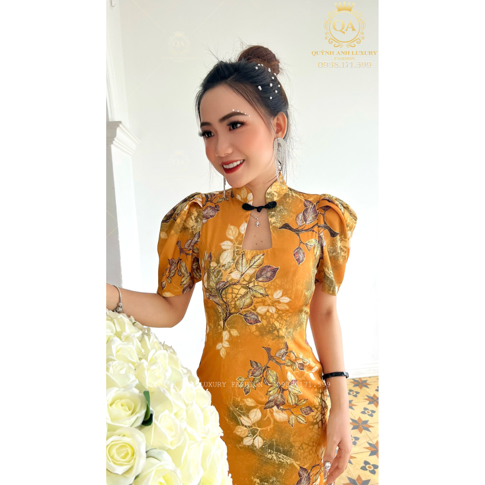 Sườn Xám Cổ Tàu Trung Hoa Lụa Ánh Kim Tone Vàng Sang Trọng Mia Dress