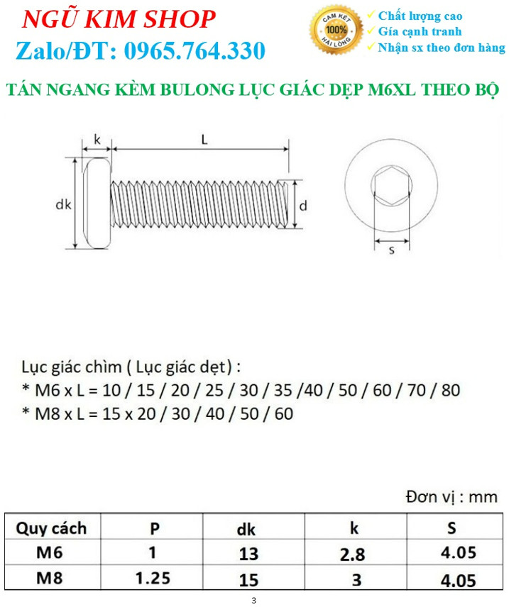 TÁN NGANG KÈM BULONG LỤC GIÁC DẸP M6 x L THEO BỘ