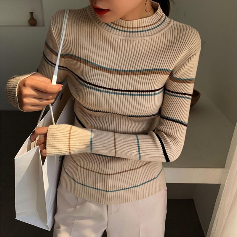 Áo thun dệt kim nữ tay dài cổ lọ kẻ sọc thời trang