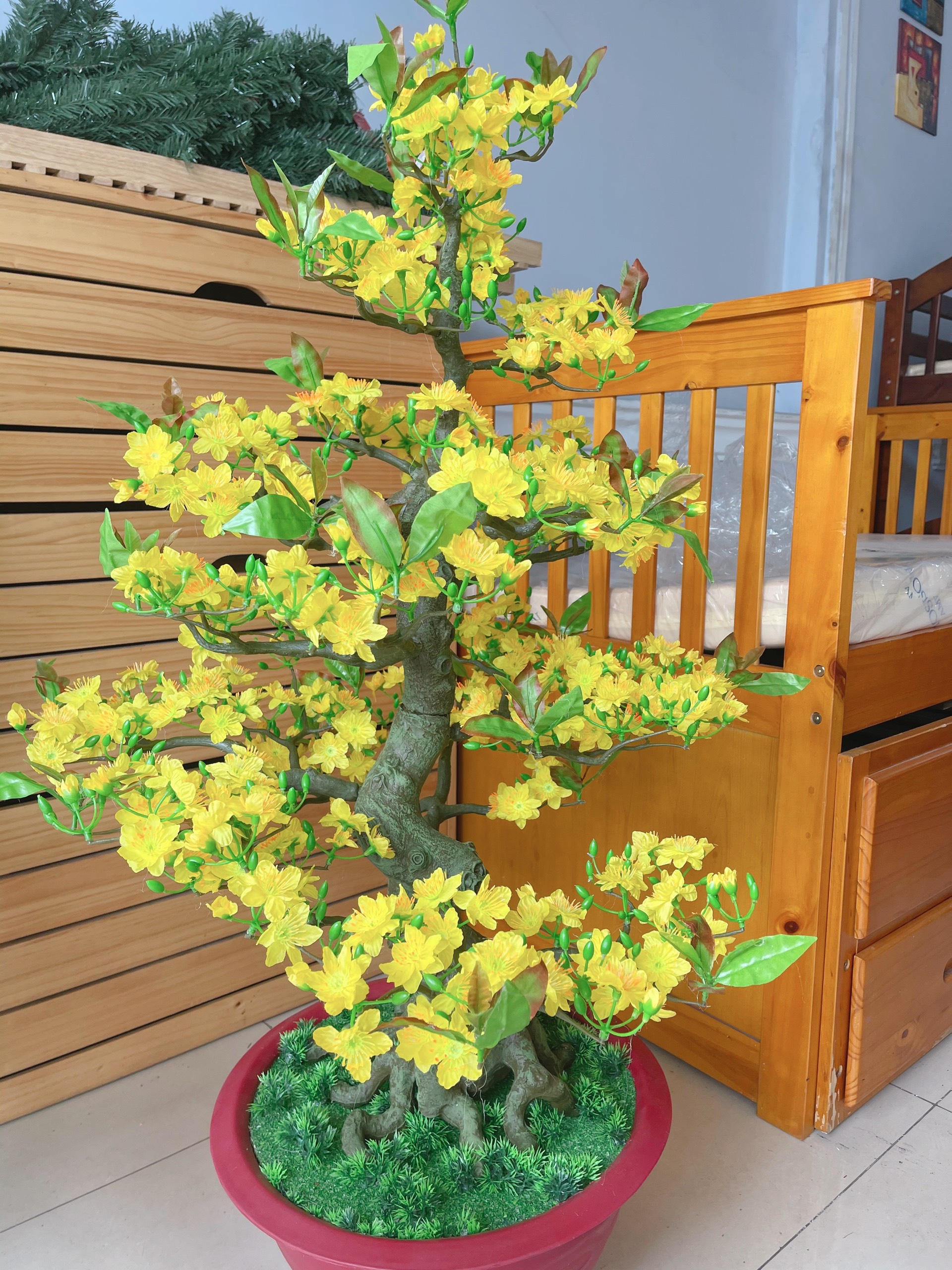 Cây Hoa Mai Bonsai Giả Cao 1m25 Chậu Hoa Mai Trang Trí Tết