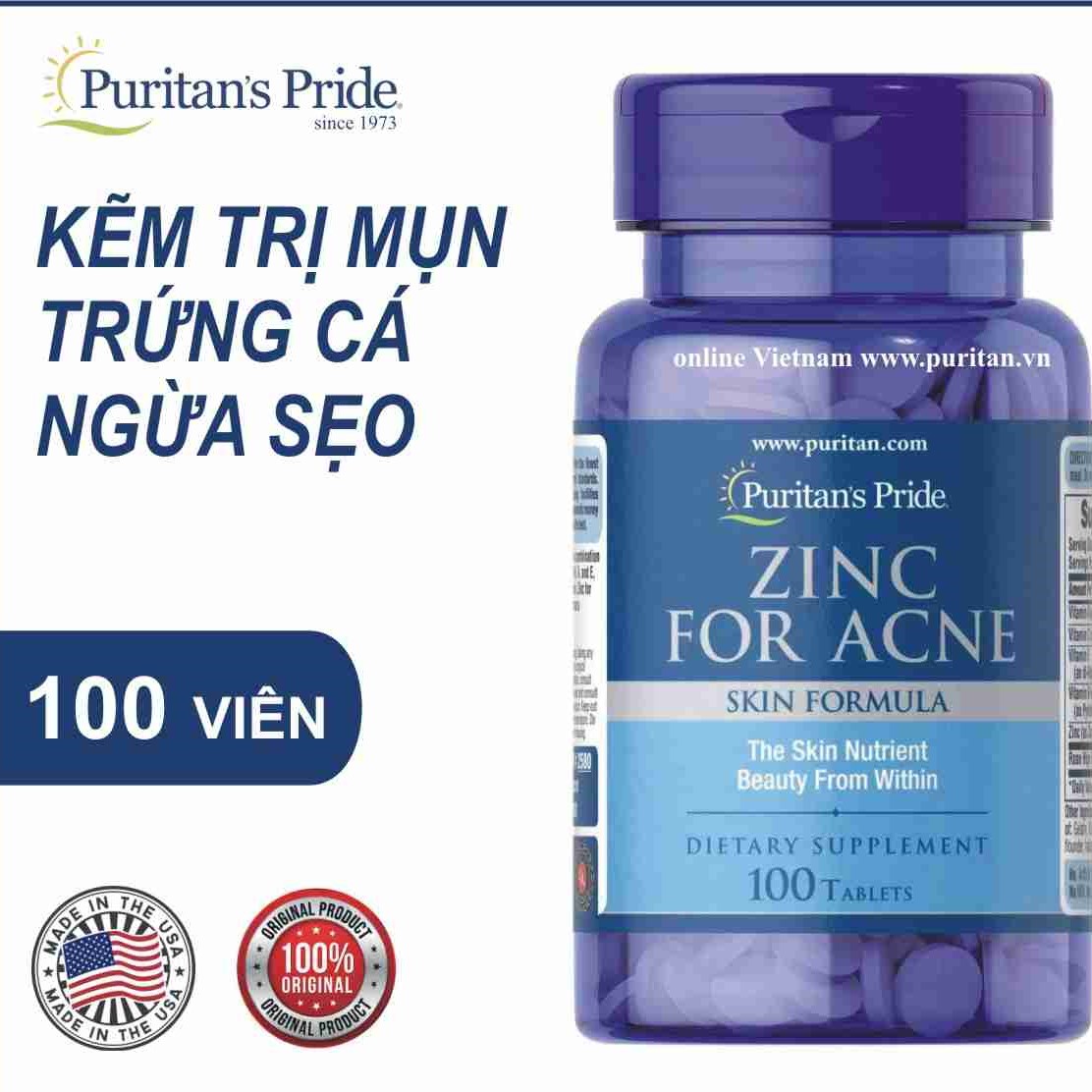 Kẽm hỗ trợ trị mụn, làm đẹp da mụn Puritan'S Pride Premium Zinc For Acne Mỹ gồm kẽm và Vitamin C, B-6, A và E - OZ Slim Store