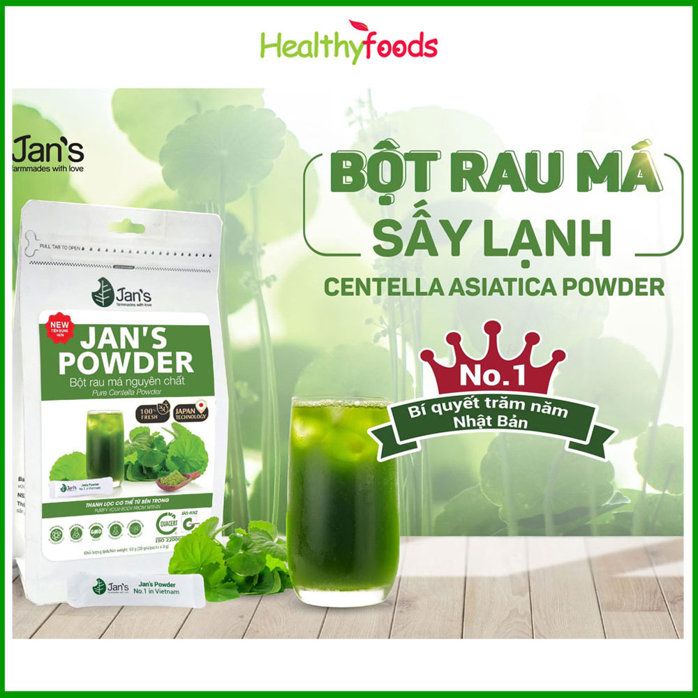 Bột Rau Má Nguyên Chất Sấy Lạnh Jan's Túi 60gr Giúp Mát Gan, Thanh Lọc Cơ Thể, Hỗ Trợ Giảm Cân Giảm Mụn, Làm Đẹp Da- Hàng Chính Hãng