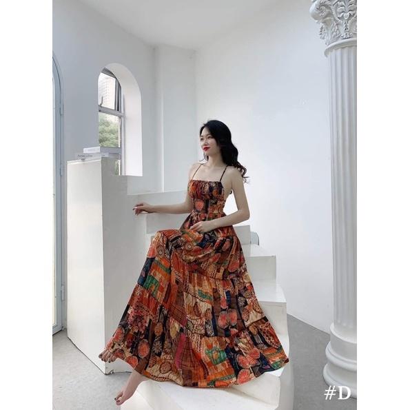Đầm maxi thổ cẩm hai dây hở lưng đi biển có mút ngực 2 màu