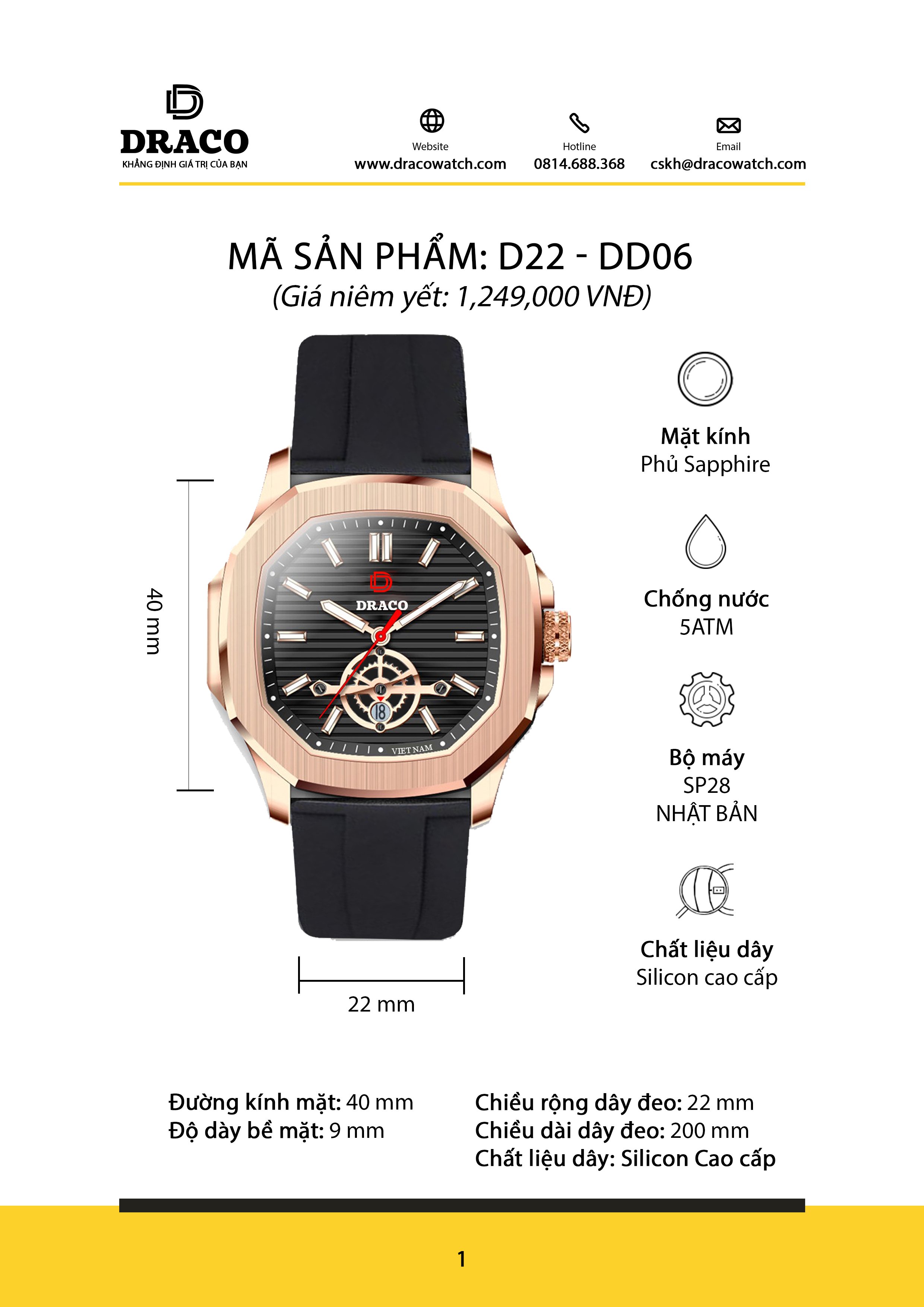 ĐỒNG HỒ NAM - THƯƠNG HIỆU VIỆT DRACO D22-DD06 - " Decision" BẠC