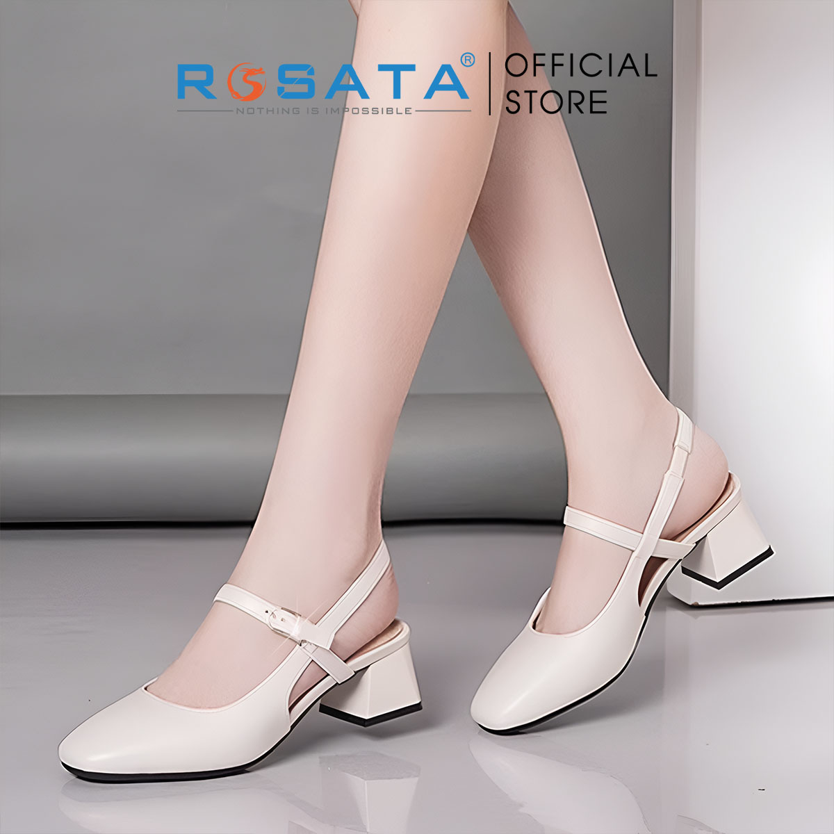 Sandal nữ bít mũi, gót vuông, quai cài ROSATA RO622 - 5p - Nâu, Kem - HÀNG VIỆT NAM - BKSTORE