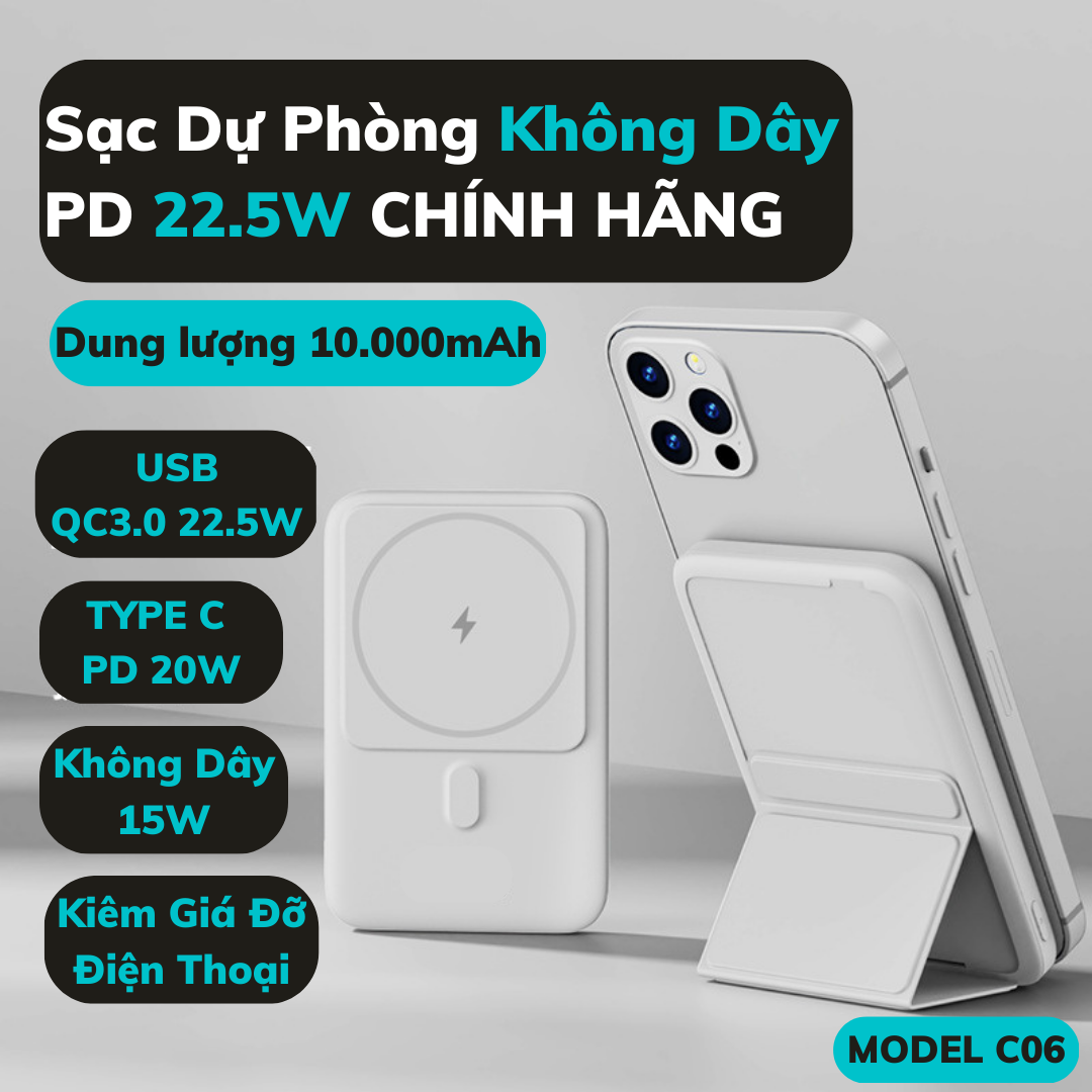 Pin Sạc Dự Phòng Không Dây 10000mah sạc nhanh PD 22.5W - Sạc dự phòng mini từ tính