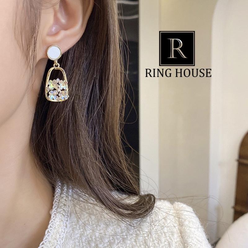 Bông Tai Khuyên Tai Nữ Dài Đính Hoa Cầu Vồng Sáng Đẹp Dự Tiệc Sang Trọng