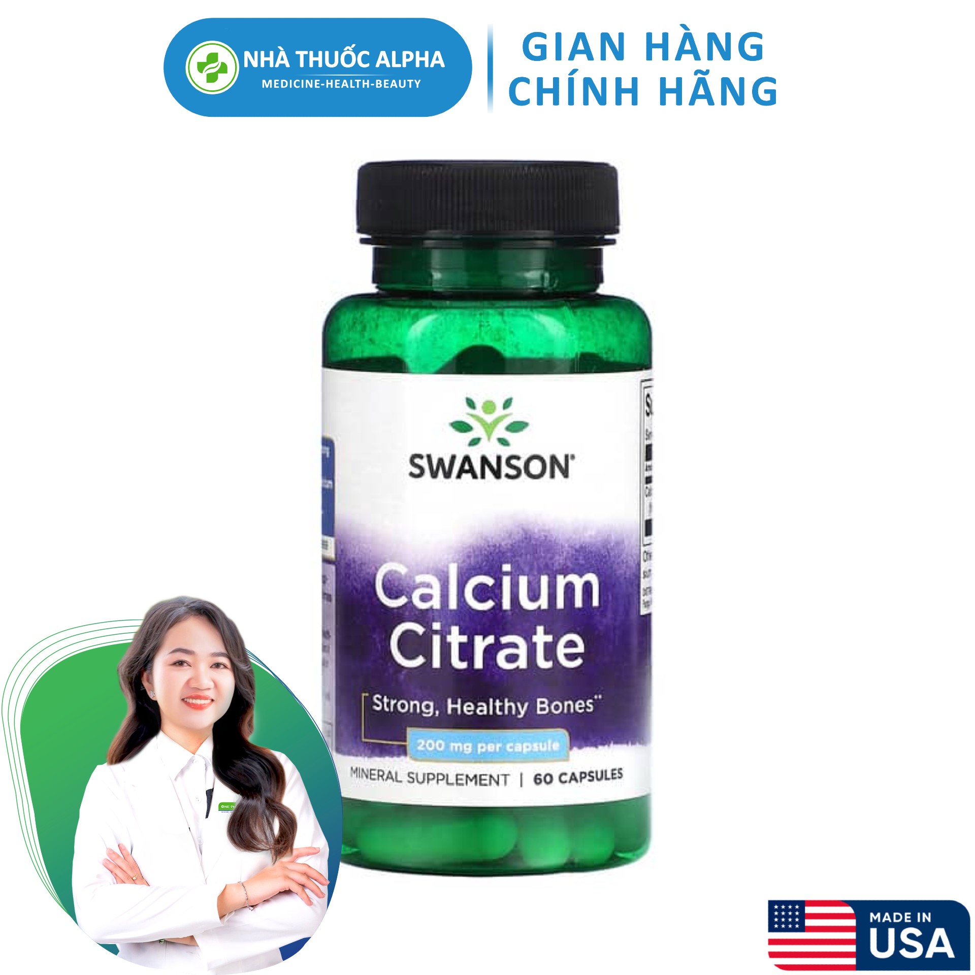 Viên uống hỗ trợ bổ xương khớp Swanson Calcium Citrate 200mg 60 Viên