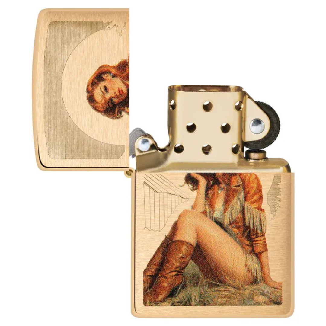 Bật Lửa Zippo Western Pinup Design Chính Hãng Mỹ - Bật Lửa Zippo Đồng Thau Mài Bóng Cổ Điển Cô Gái Cao Bồi